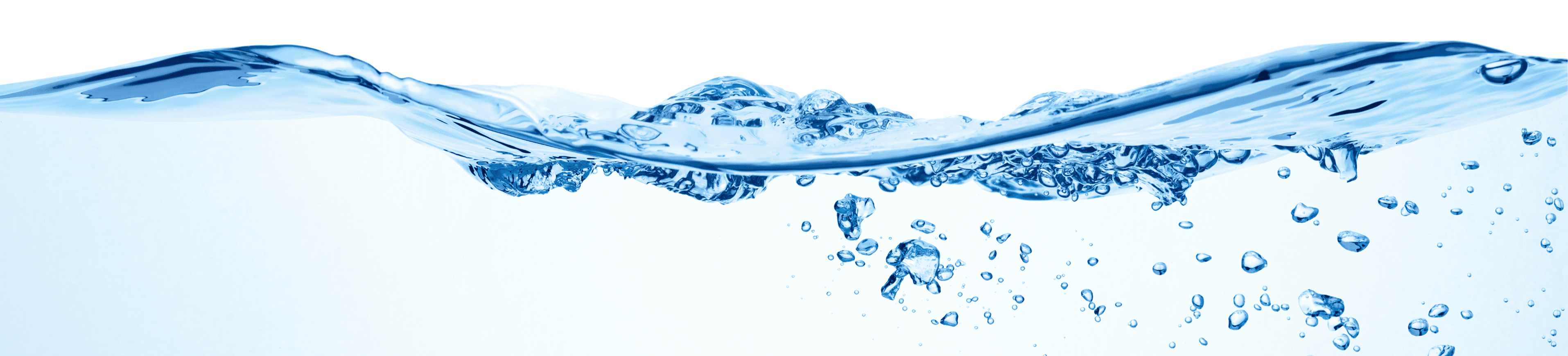 Clear water wave with bubbles, white background.